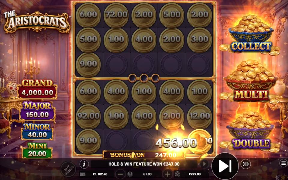 The Aristocrats SUPER HOLD & WIN count: a collected corner cell under a x6 multiplier resolving on the lower board while the bonus total counts up
