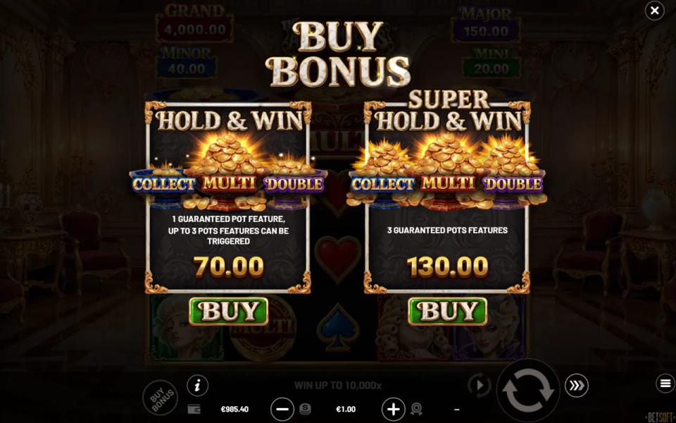The Aristocrats buy panel offering HOLD & WIN at 70x the bet with one guaranteed coin pot and SUPER HOLD & WIN at 130x with all three