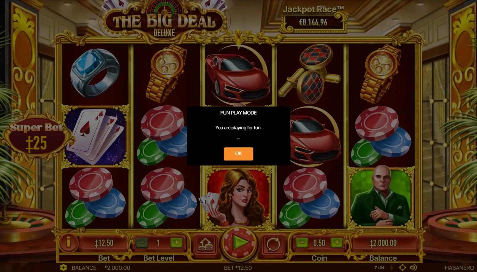 The Big Deal Deluxe slot 5x3 grid with red sports car, watches, diamond ring and stacked poker chips on a VIP casino floor