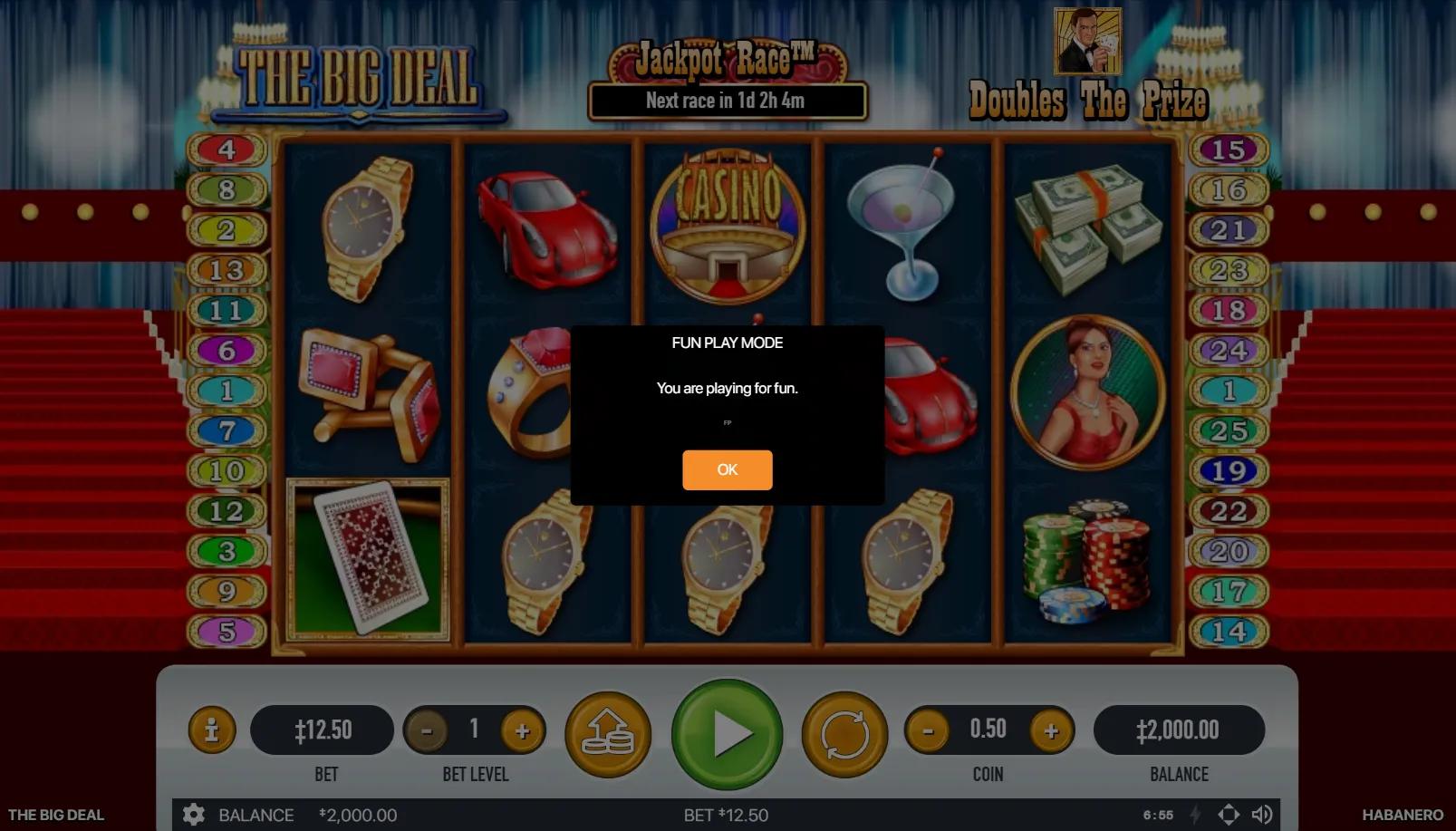 The Big Deal slot 5x3 grid with gold watches, red sports car, CASINO sign, martini and cash stacks with Race jackpot overhead