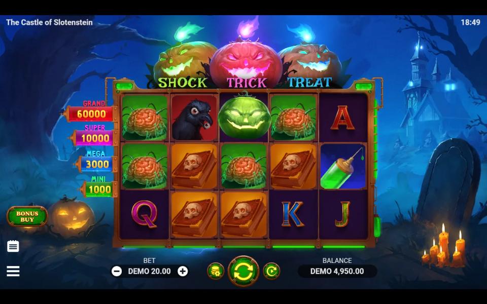 A single green Shock bonus pumpkin sitting on a losing 5x3 board without triggering the bonus