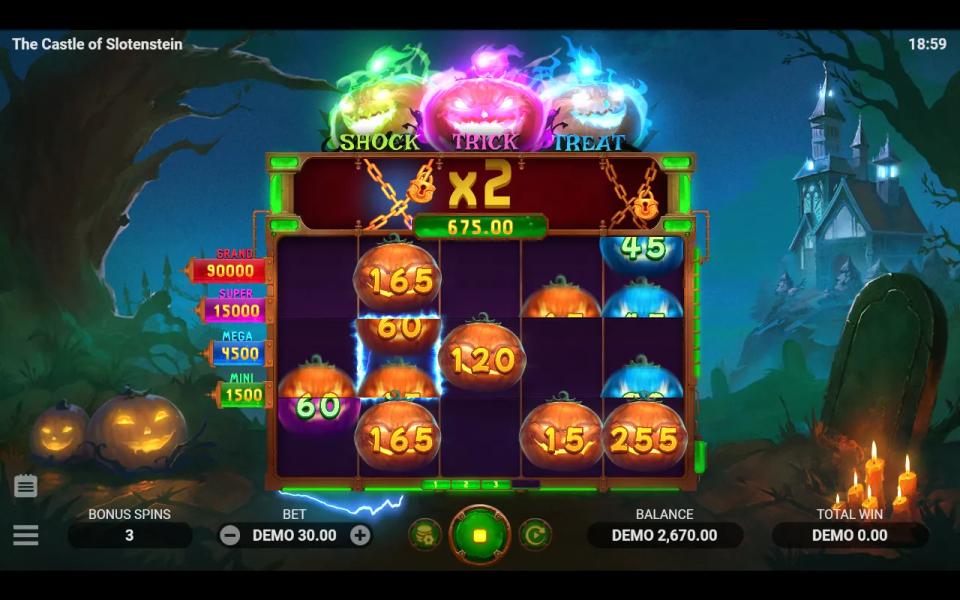 Hold-and-win board with blue Treat and purple Trick pumpkins among orange value symbols, the win meter reading 675