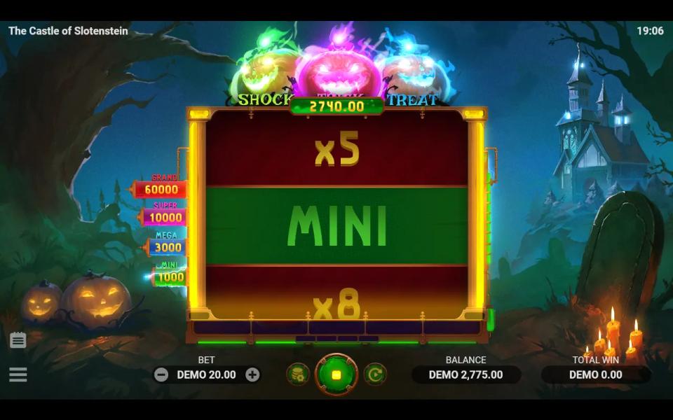 The Grand Reel of Fortune settling on MINI, with the bonus meter moving from 1,740 to 2,740