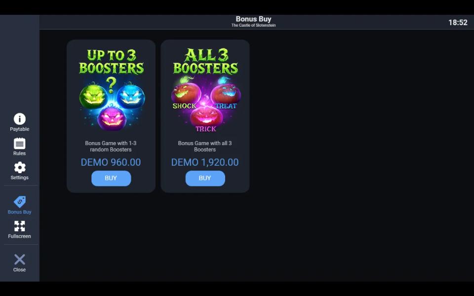 The Bonus Buy shop offering the bonus with one to three random boosters for 48x the stake or all three for 96x
