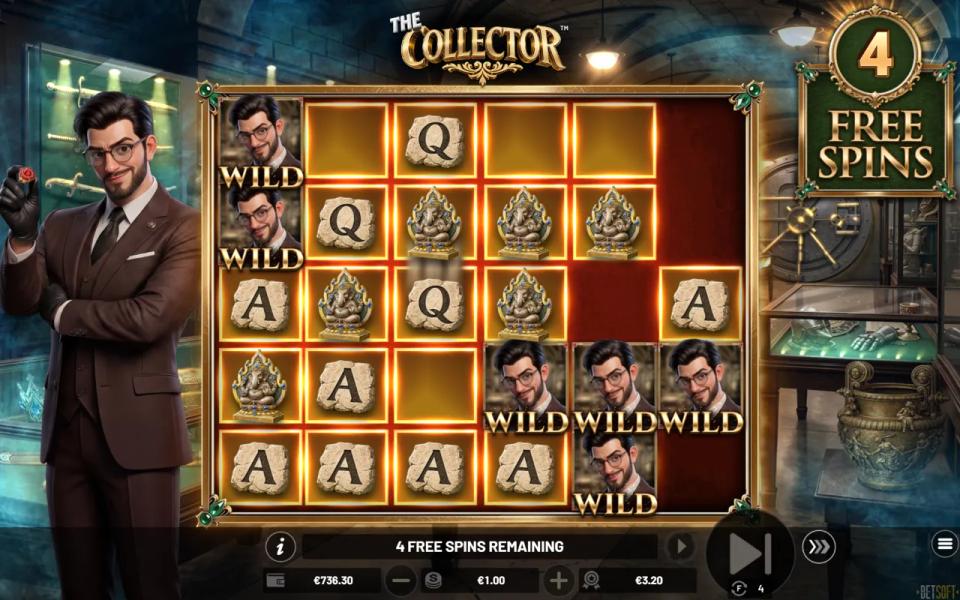 The Collector free spins on the 6x5 board, golden frames from earlier wins lit across most cells while a new drop of Ganesha idols, A symbols and wilds settles in