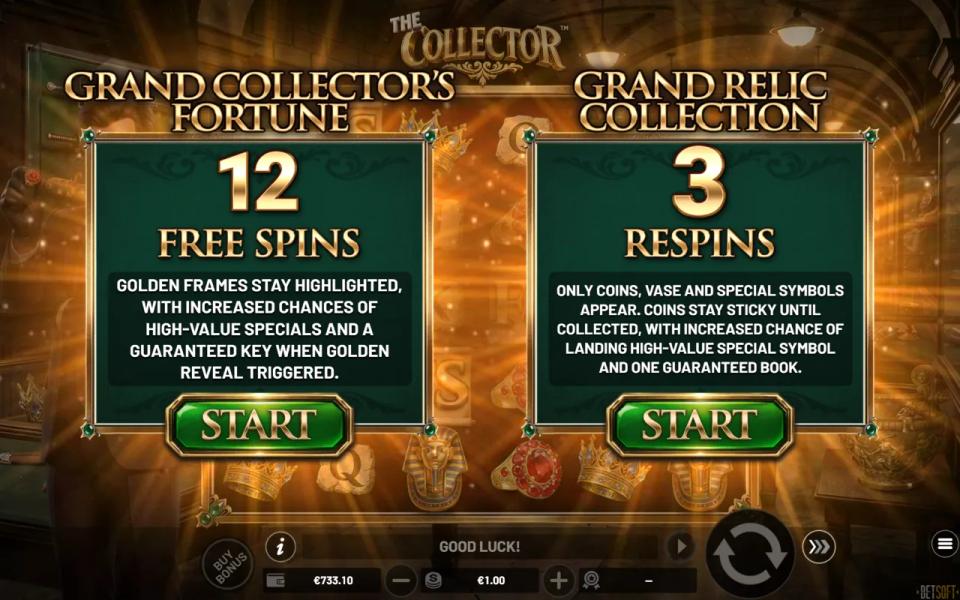 The Grand Bonus Game choice card offering Grand Collector's Fortune with 12 free spins or Grand Relic Collection with 3 respins