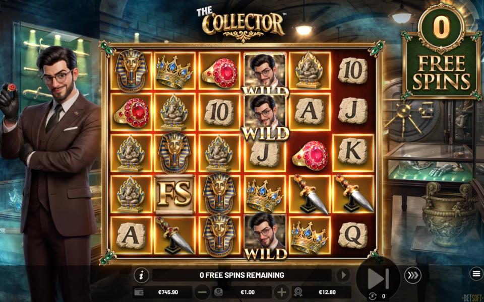 The last free spin of Grand Collector's Fortune with golden frames on almost every cell and no Feature Medallion on the board