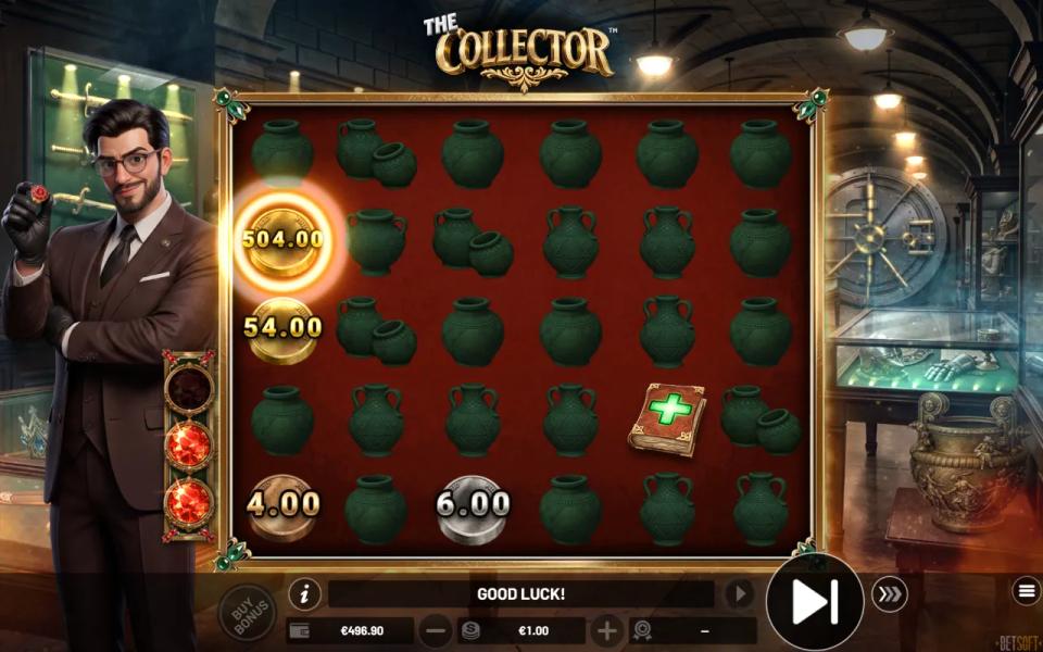 Grand Relic Collection respins on a grid of green vases, an Adding Book on the board and the top coin raised from 500 to 504