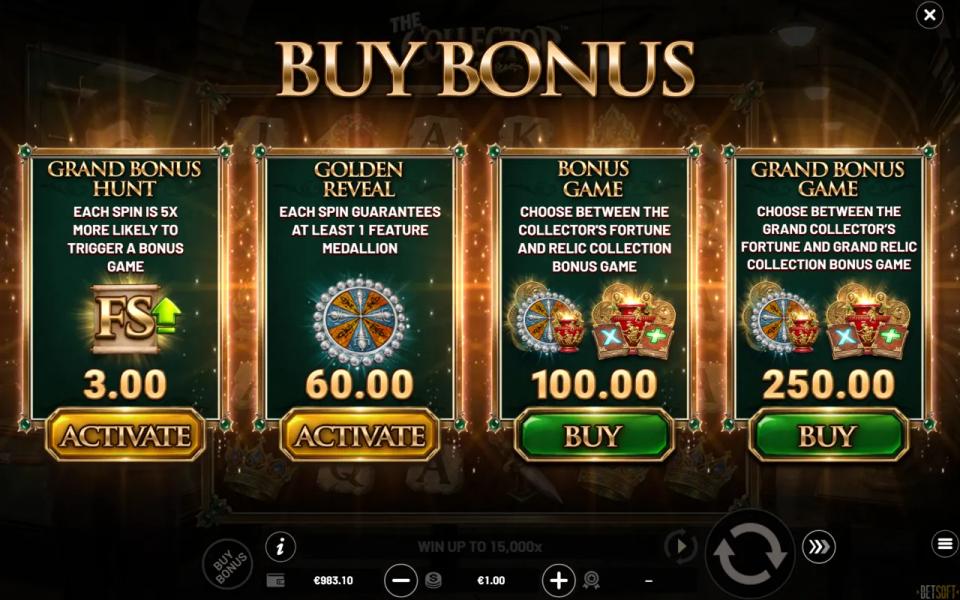 The Collector buy panel listing Grand Bonus Hunt at 3x, Golden Reveal at 60x, Bonus Game at 100x and Grand Bonus Game at 250x