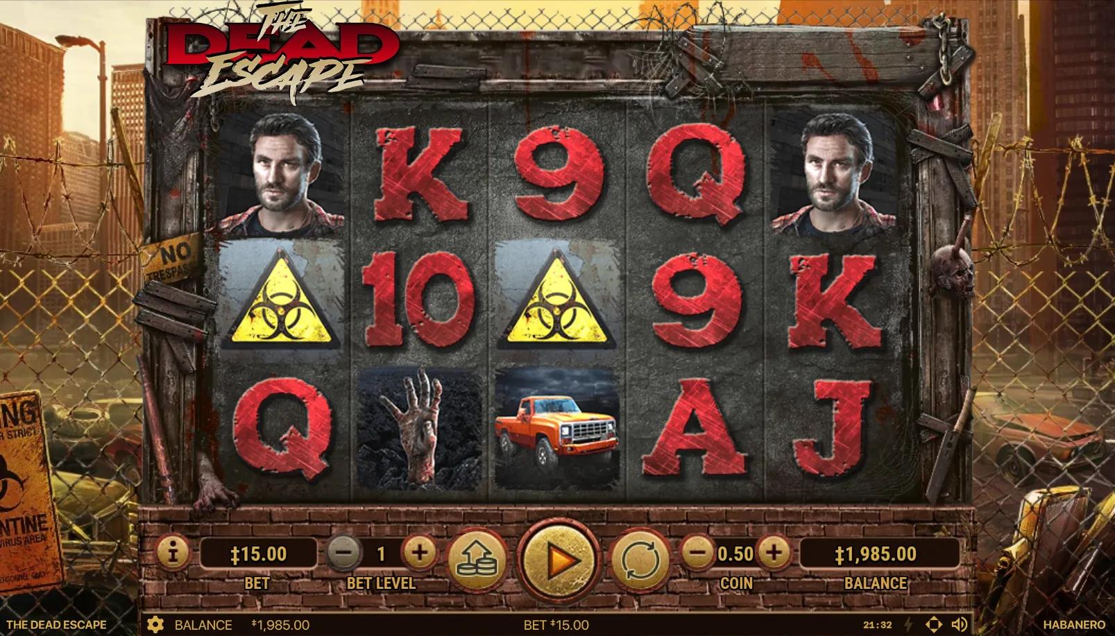 The Dead Escape slot gameplay showing 5x3 grid with survivor character, orange pickup truck, biohazard scatter and distressed card royals on apocalyptic city backdrop