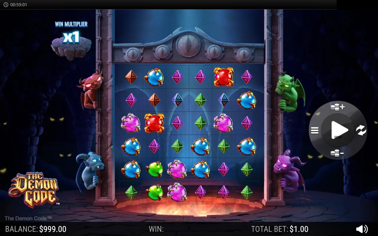The Demon Code slot gameplay showing 6x6 cluster pays grid with 4 colored demon talismans flanking the reels