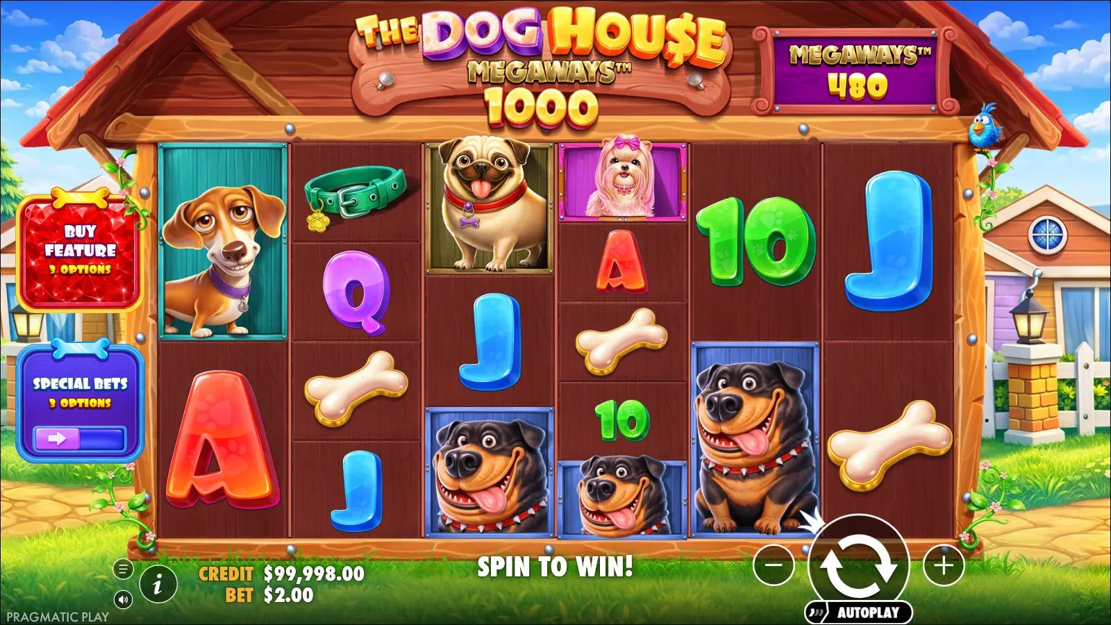 The Dog House Megaways 1000 slot gameplay showing the 6-reel Megaways grid with dog symbols and bones