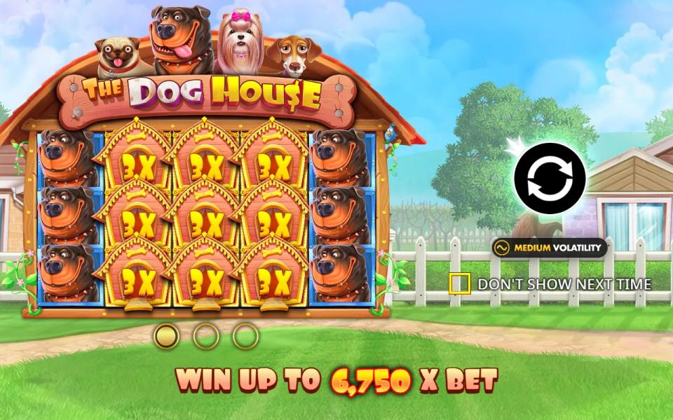 The Dog House loading screen promising a win of up to 6,750x the bet, with Rottweilers on the outer reels and 3x wilds across the middle