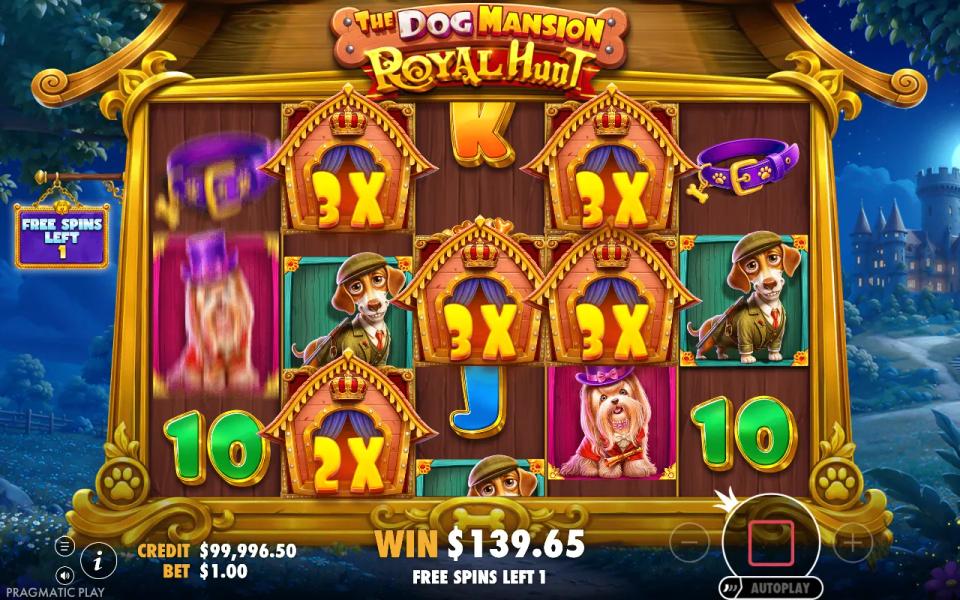 Free spins with one spin left and five sticky dog house wilds, four 3x and one 2x, parked on reels 2, 3 and 4