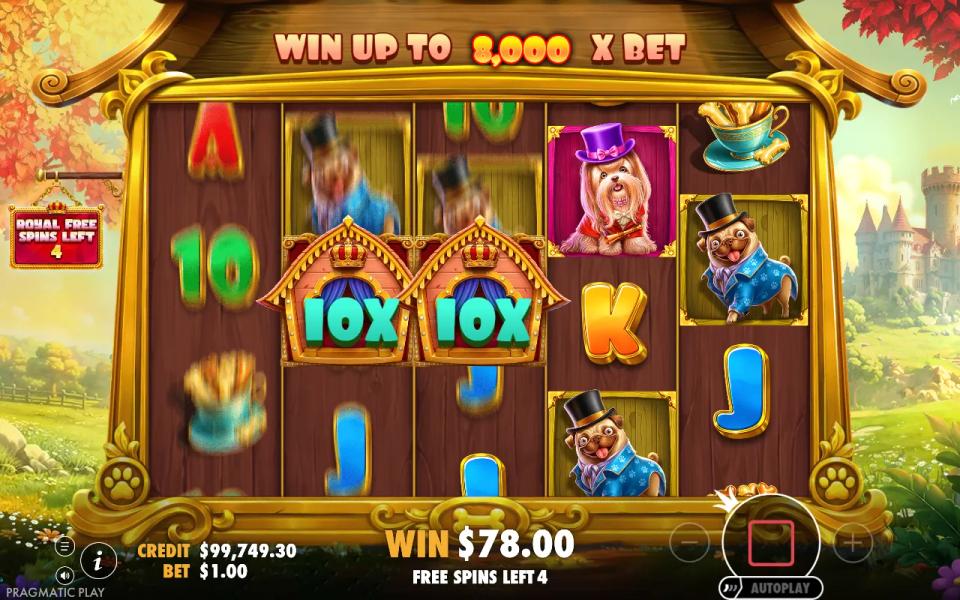 Royal Free Spins with four spins left and two 10x dog house wilds stuck side by side on reels 2 and 3