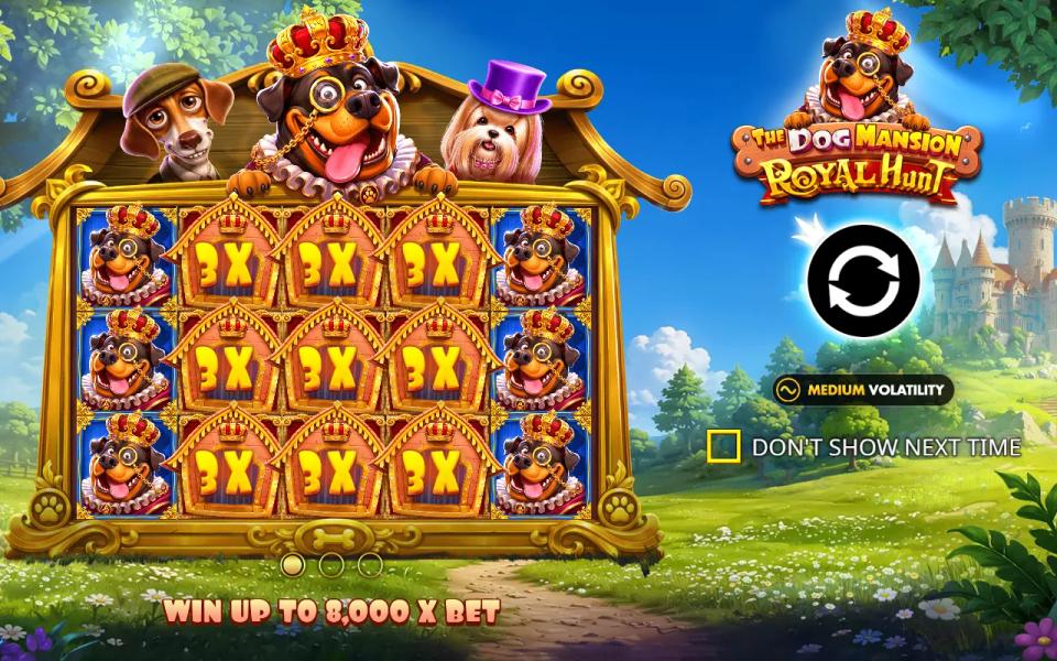 The Dog Mansion Royal Hunt splash screen announcing a win of up to 8,000x the bet with a medium volatility badge