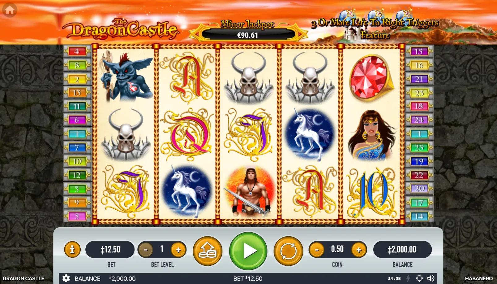 The Dragon Castle slot showing 5x3 grid with horned demon, sword warrior, unicorn, Gothic letter symbols against orange sunset