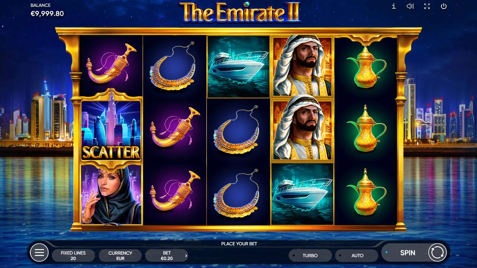 The Emirate II gameplay showing 5x3 reels with an Emirati sheikh, a yacht, a gold coffee pot and the Dubai skyline at night