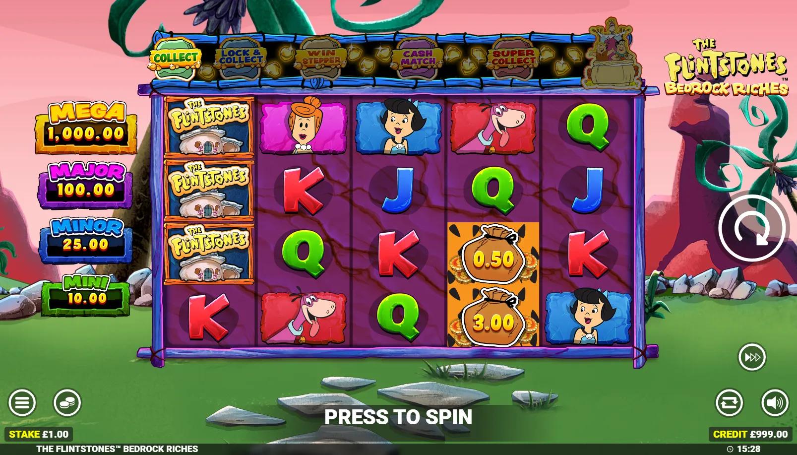 The Flintstones Bedrock Riches slot gameplay showing 5x4 grid with Collect trail, Cash Pots panel and money bag symbols