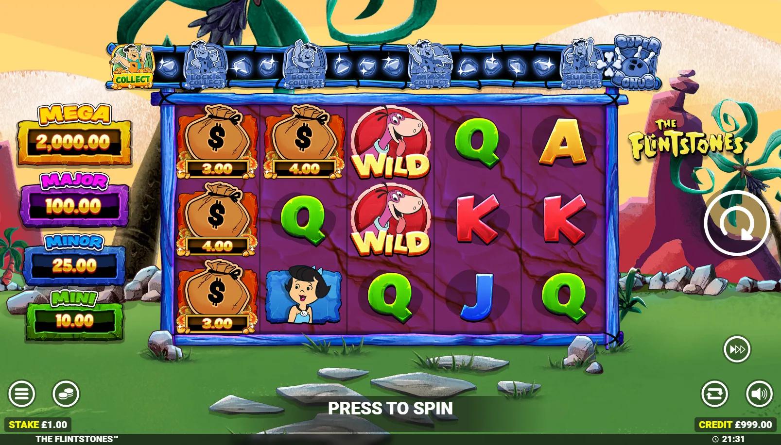 The Flintstones slot gameplay showing 5x3 grid with Money Bag symbols, jackpot pots panel and Wild characters