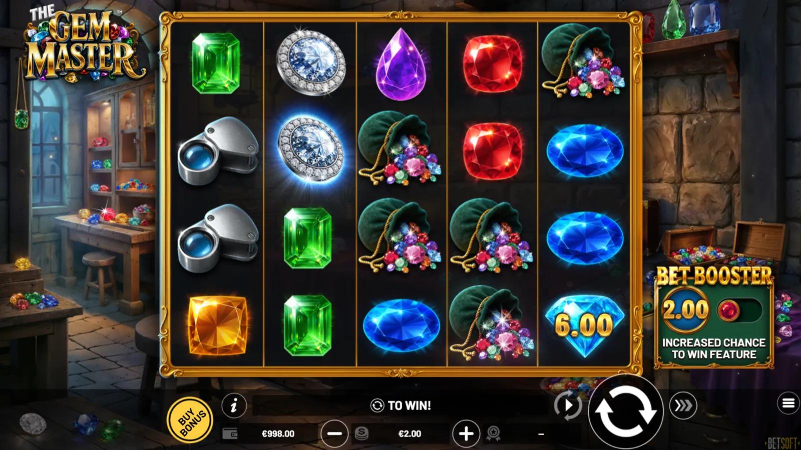 The Gem Master slot gameplay showing the 5x4 gem grid with cut gemstones, a jeweler's loupe and a money gem symbol marked 6.00