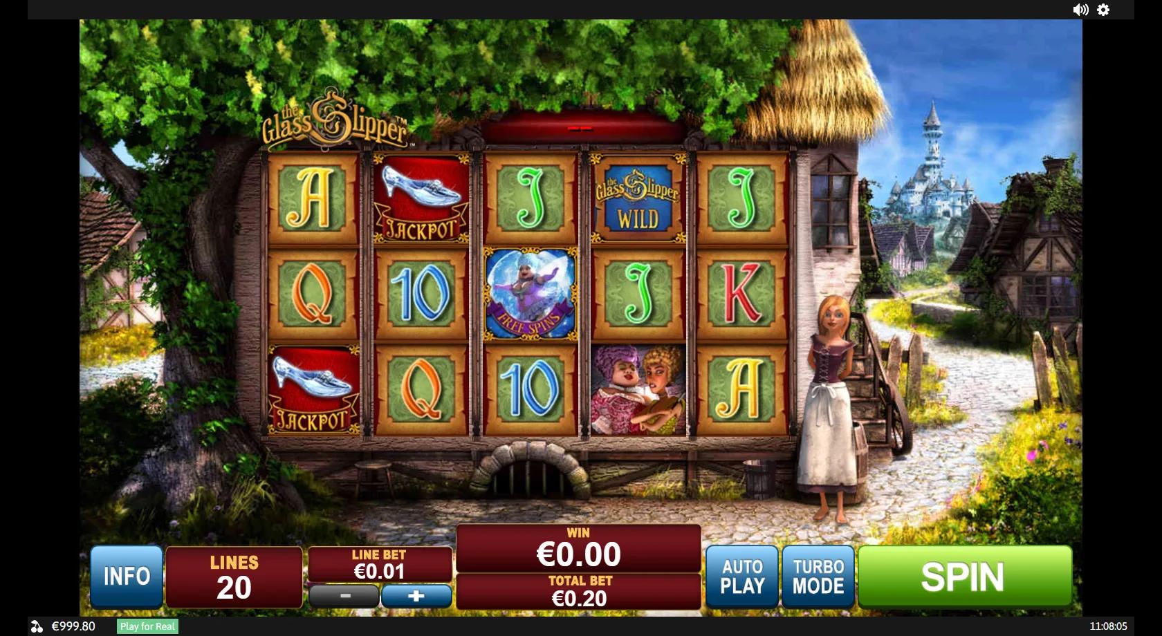 The Glass Slipper gameplay showing a 5x3 fairy-tale reel set with prince, stepsisters, a glass-slipper wild and jackpot symbol