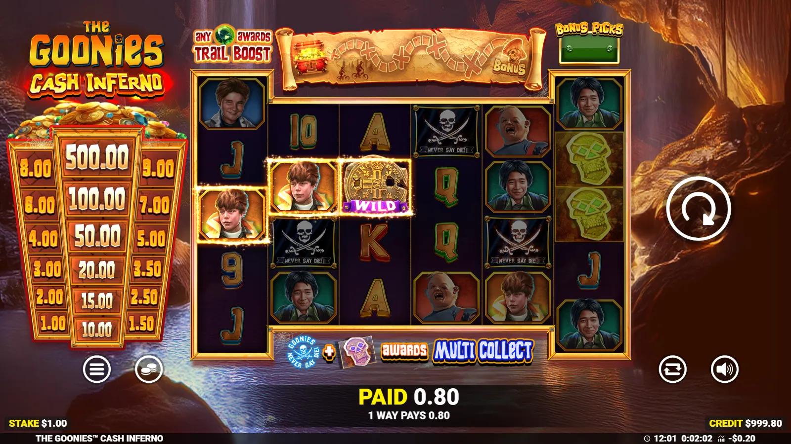 The Goonies Cash Inferno slot gameplay showing 6-reel cave grid with One-Eyed Willy Wild and Never Say Die scatters