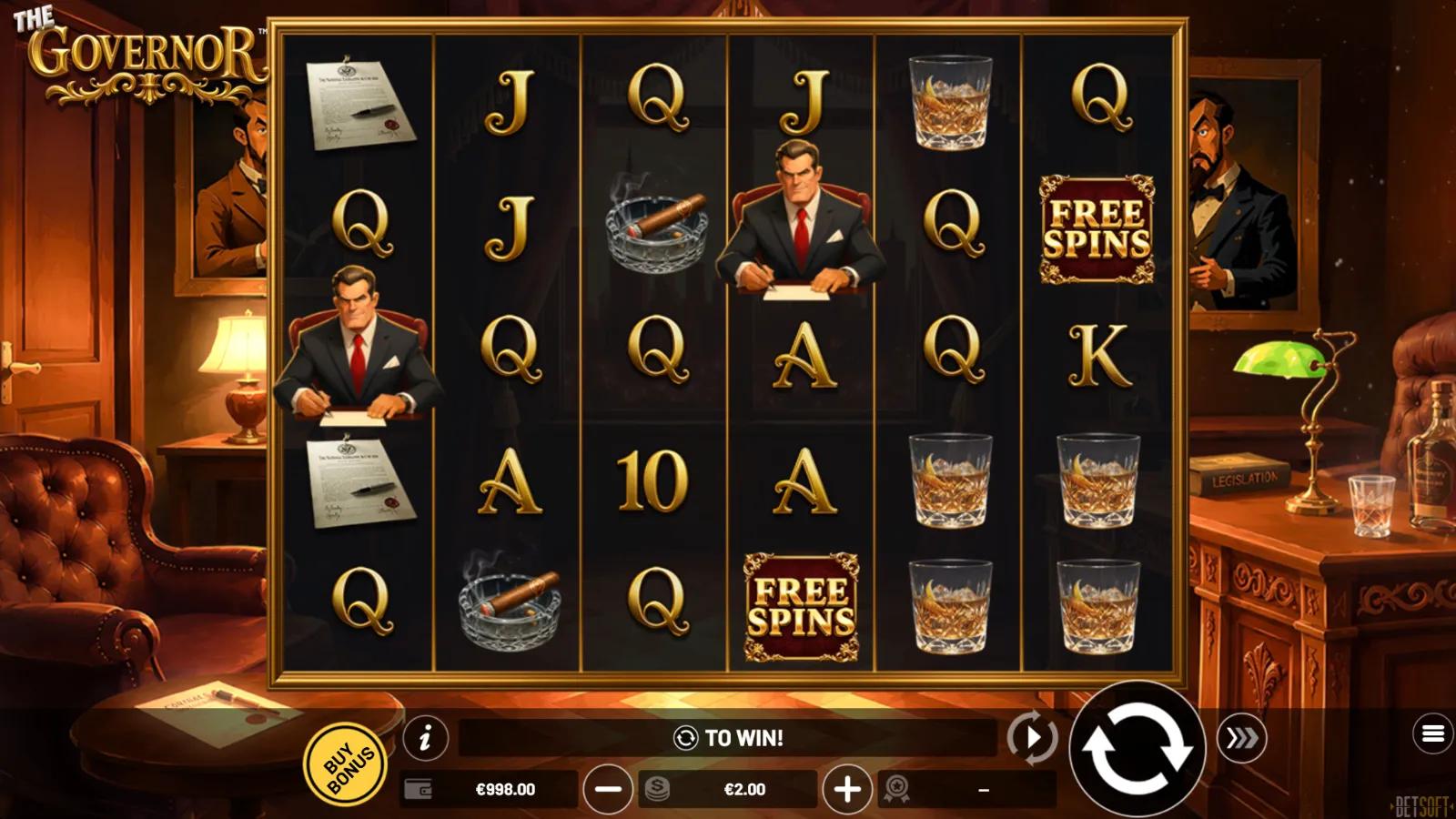 The Governor slot gameplay showing 6x5 cluster grid with gold card royals, the Governor symbol and Free Spins scatters