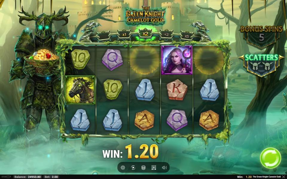 The Green Knight Camelot Gold base game on a 5x3 grid of carved rune stones and painted court figures, paying 1.20 on a 2.00 stake, with the ten-plaque Bonus Trail lit at its second level above the reels