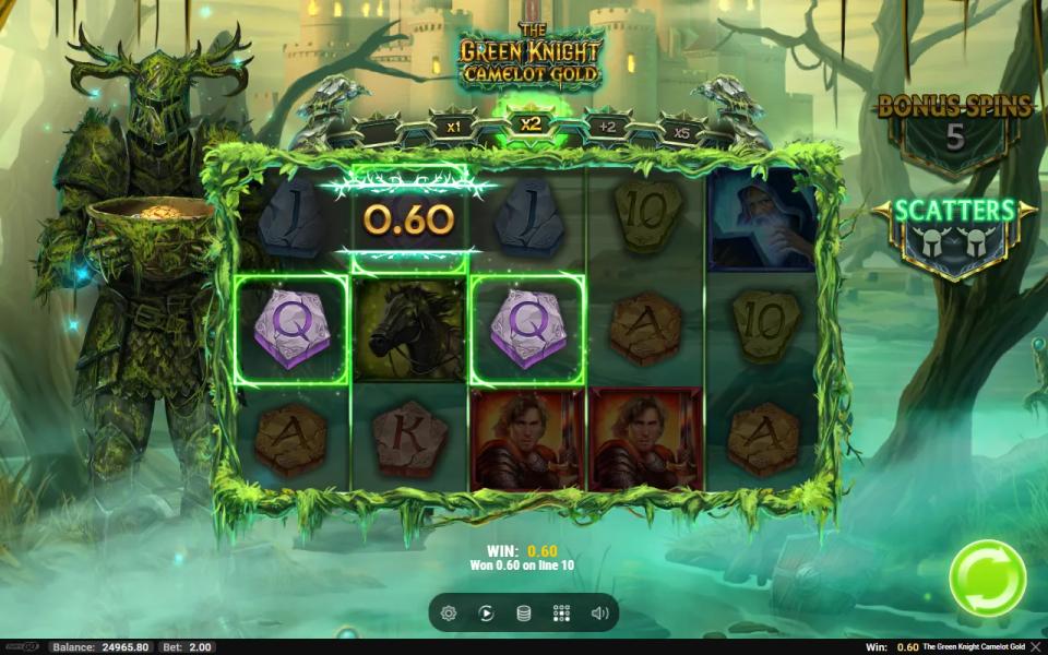 The Green Knight Camelot Gold base game paying 0.60 on a 2.00 stake from a single line of three matching rune symbols