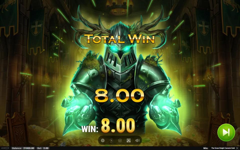 The Green Knight Camelot Gold end-of-round card showing 8.00 won across fifteen bonus spins