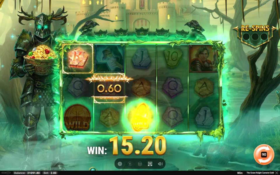 The Green Knight Camelot Gold awarding three re-spins from the Green Knight's Bounty, the knight's bowl full of collected wilds, with 15.20 on the win counter