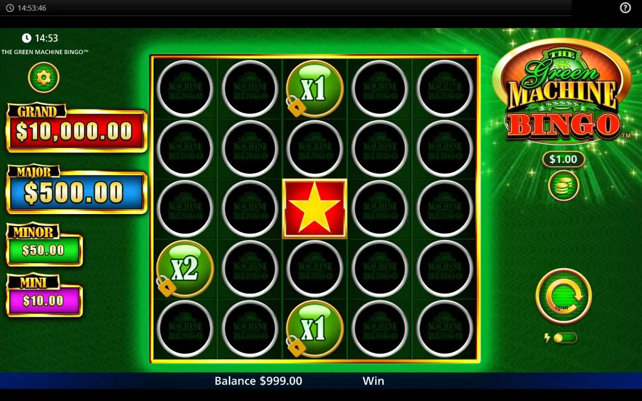 The Green Machine Bingo gameplay showing 5x5 grid with persistent green balls, locked center star, and four-tier jackpot ladder