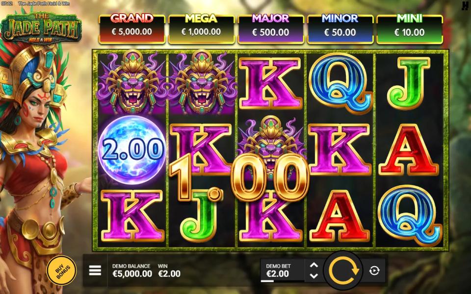 The Jade Path Hold and Win base game with jackpot signs above the five-by-three grid, a line win and a blue coin orb on the reels