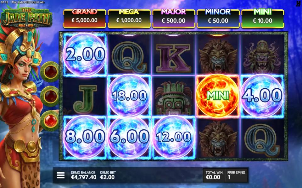 Coin orbs and an orange Mini jackpot orb held on the grid during the Jade Hold and Win respins