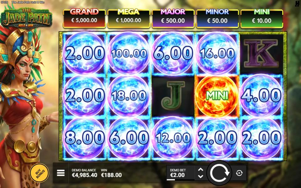 A nearly full grid of held cash orbs with three lives shown beside the reels in The Jade Path Hold and Win