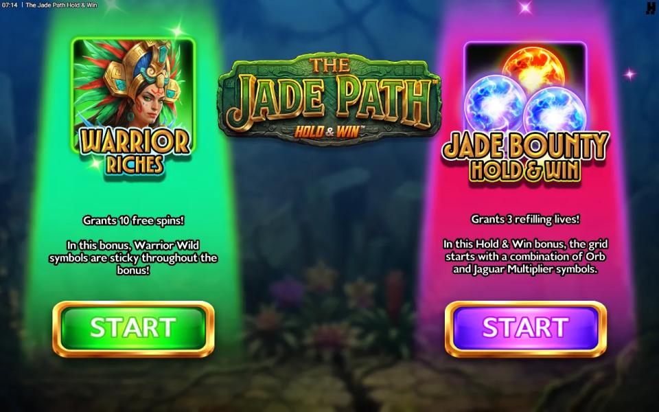 The bonus choice screen offering Warrior Riches free spins or the Jade Bounty Hold and Win