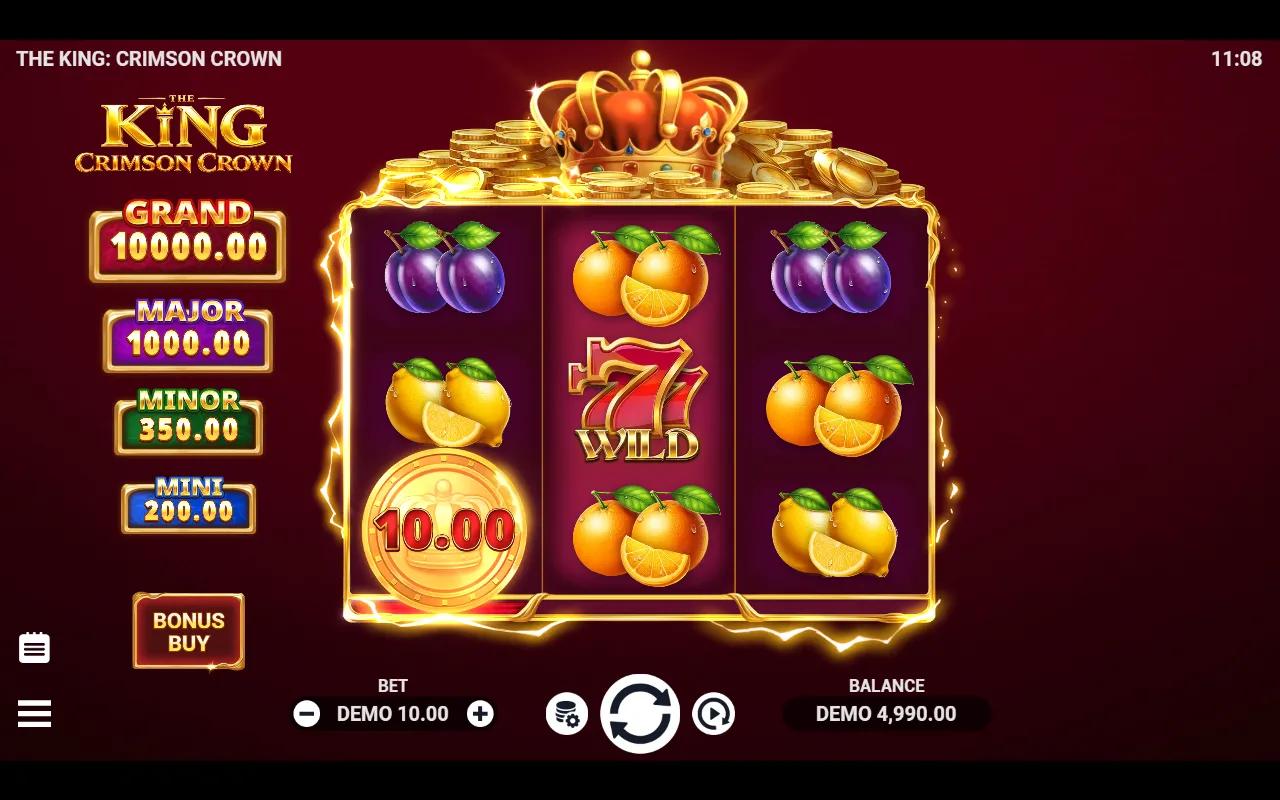 The King Crimson Crown slot 3x3 reels of glossy fruit symbols with a 10.00 gold crown Coin and the red 77 Wild