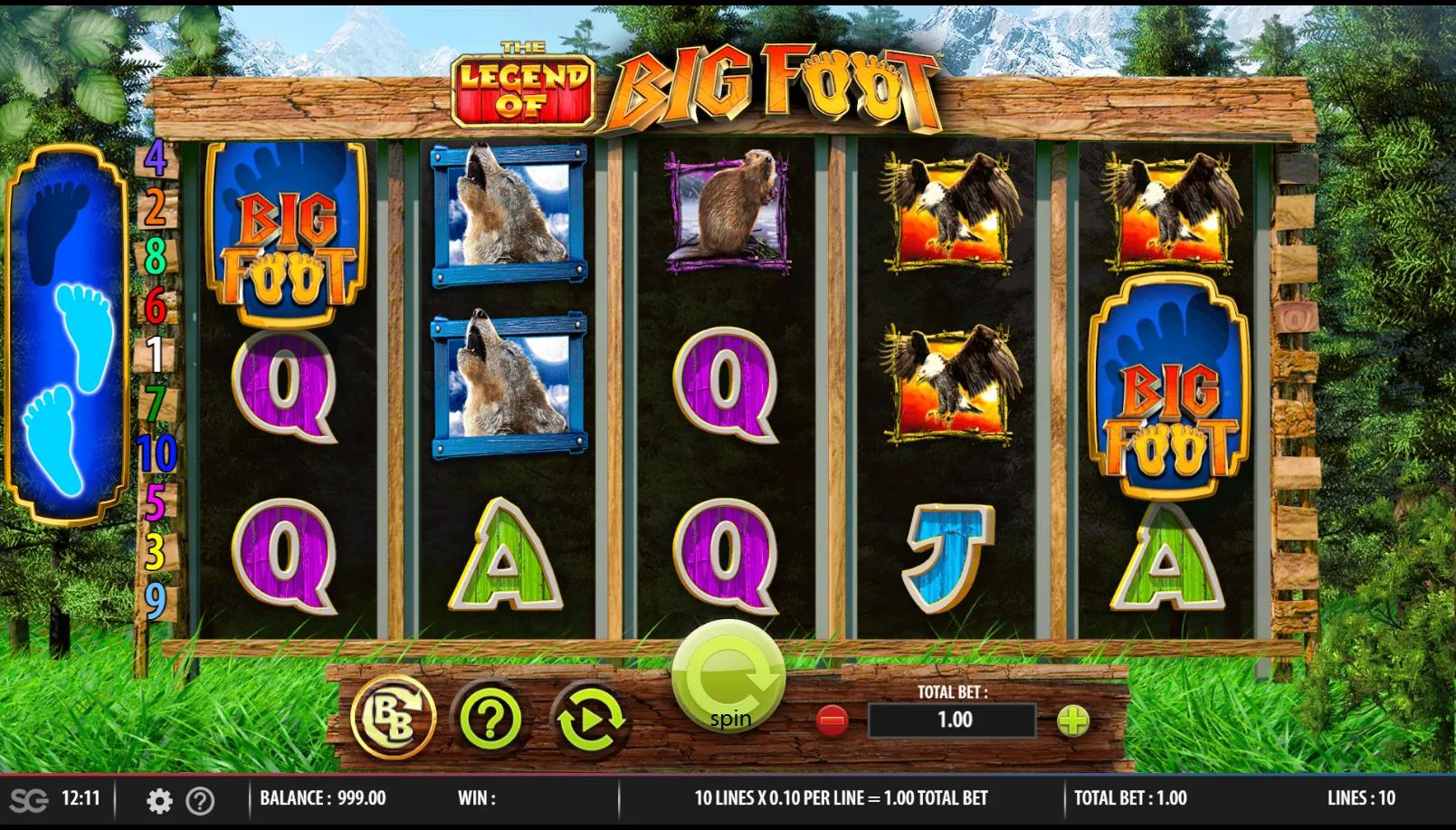 The Legend of Big Foot slot gameplay showing 5x3 forest reels with blue BIG FOOT scatters and a cougar premium