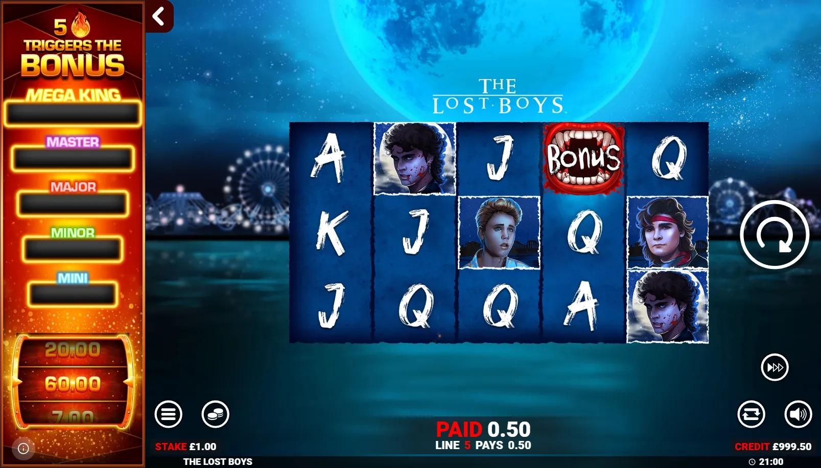 The Lost Boys Rapid Fire Jackpots 5x3 grid with Bonus scatter, movie character symbols and Santa Carla boardwalk backdrop