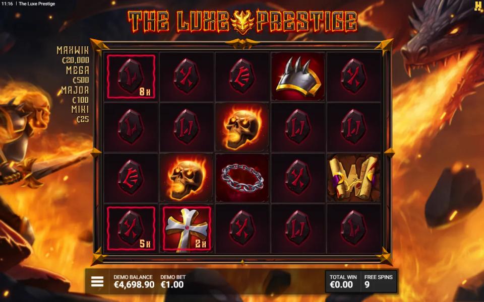 The Luxe Prestige 5x4 grid in the Crown of Fire bonus with three Colored Frames holding 8x, 5x and 2x multipliers