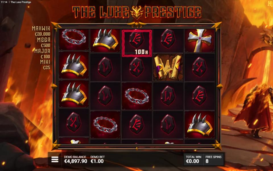 A sticky Colored Frame showing a 100x multiplier in the top row of reel 3 during Realm of Flames, with no win on the board