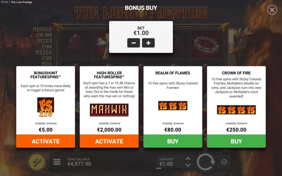 The Luxe Prestige bonus buy window with BonusHunt FeatureSpins, High-Roller FeatureSpins, Realm of Flames and Crown of Fire cards