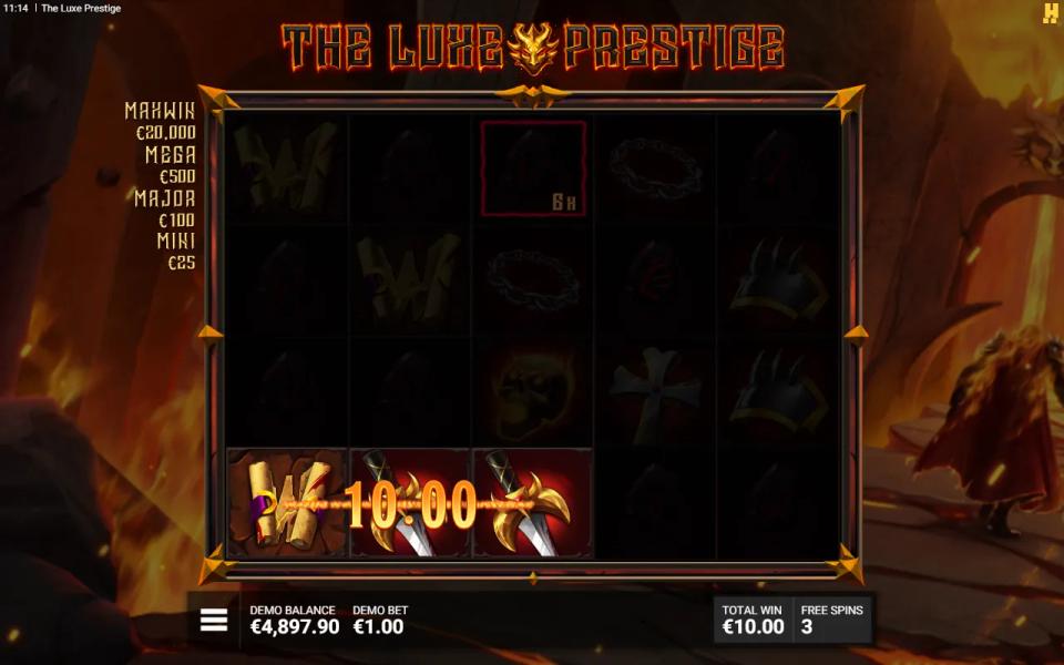 A three-sword winning line on the bottom row started by a Wild, with the sticky frame three rows above it