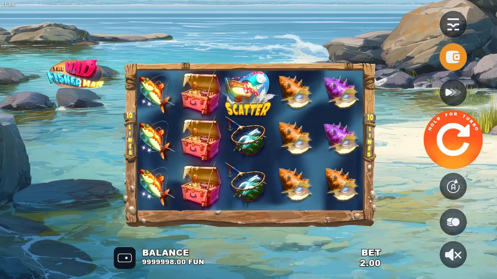 The Mad Fisherman slot gameplay showing 5x3 grid with treasure chest, fishing-reel symbols and Scatter