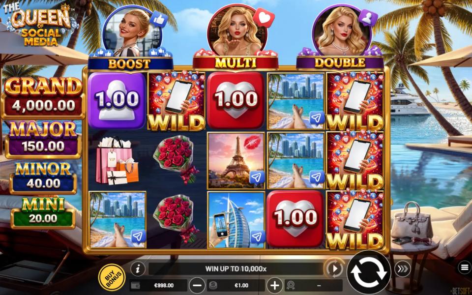 The Queen of Social Media 5x3 reels with a stacked wild reel and three pot tiles on a spin that paid nothing