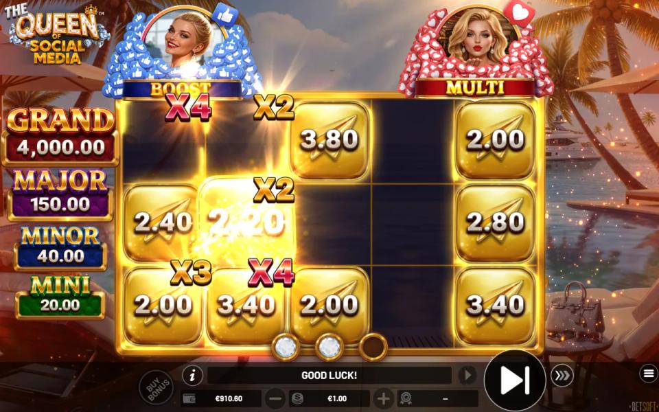The Queen of Social Media Hold and Win with multipliers landing on both gold tiles and empty cells