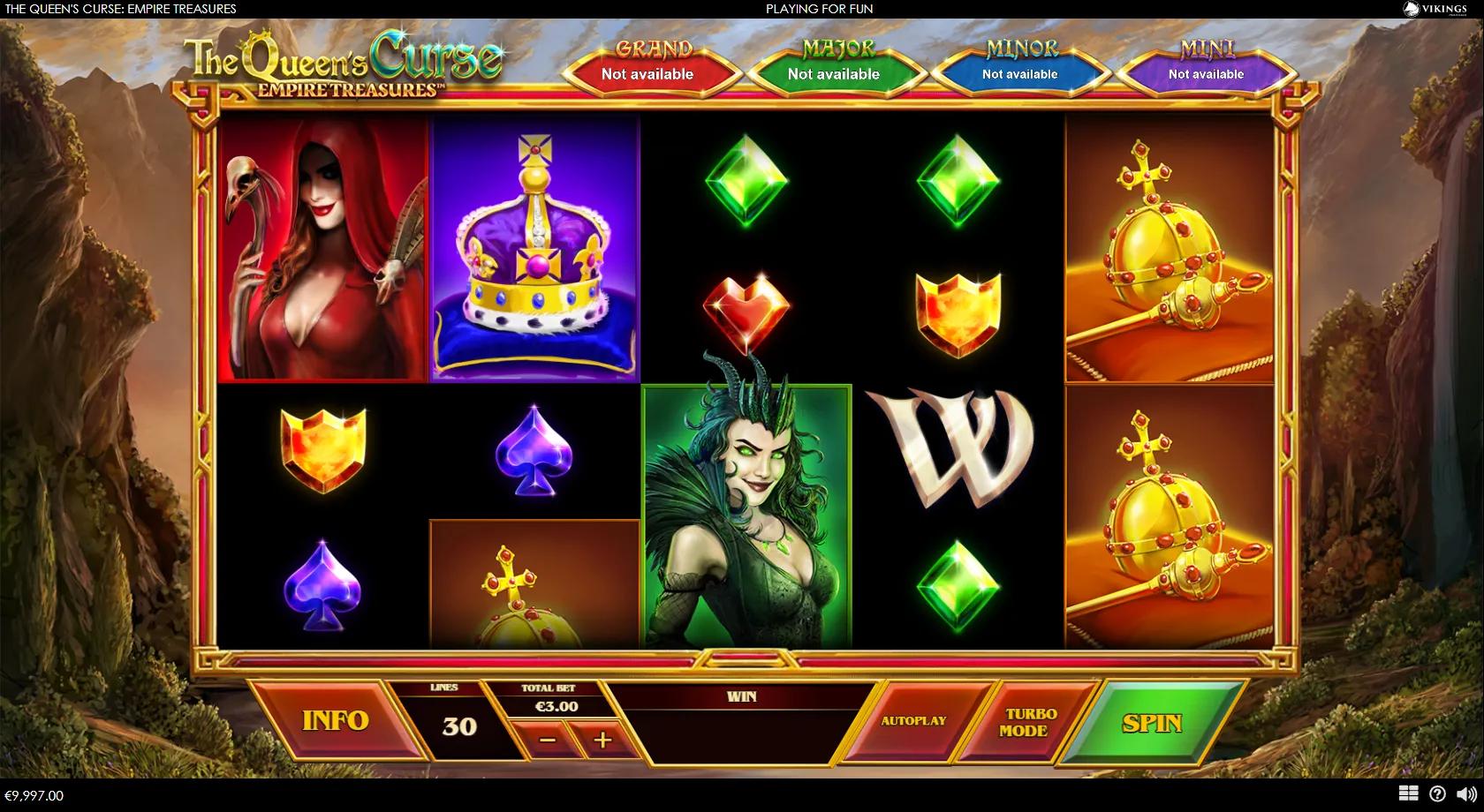 The Queen's Curse Empire Treasures gameplay showing a 5x4 reel set with an evil queen, huntress, regalia symbols and four jackpots