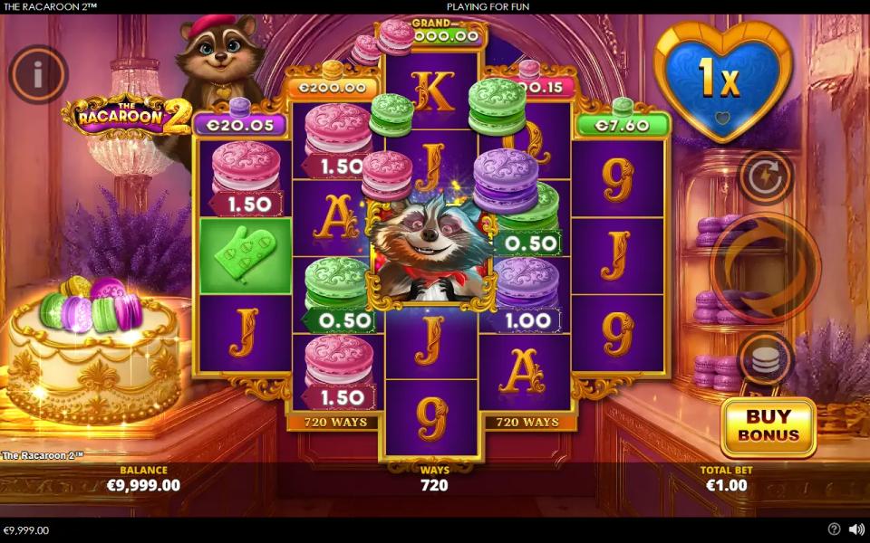 The Racaroon 2 board with the raccoon wild in the centre Hot Zone collecting six macaroon cash prizes