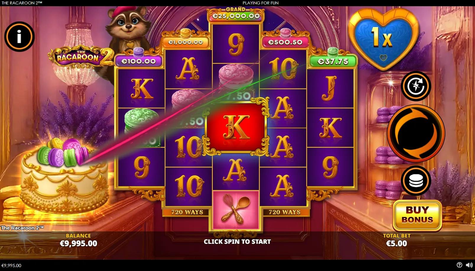 The Racaroon 2 gameplay showing the 720-ways diamond grid with the Raccoon Wild in the central Hot Zone